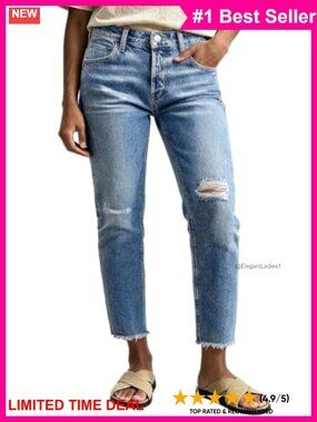 Mid Rise Straight Leg Crop Jeans Raw Hem Ripped Denim